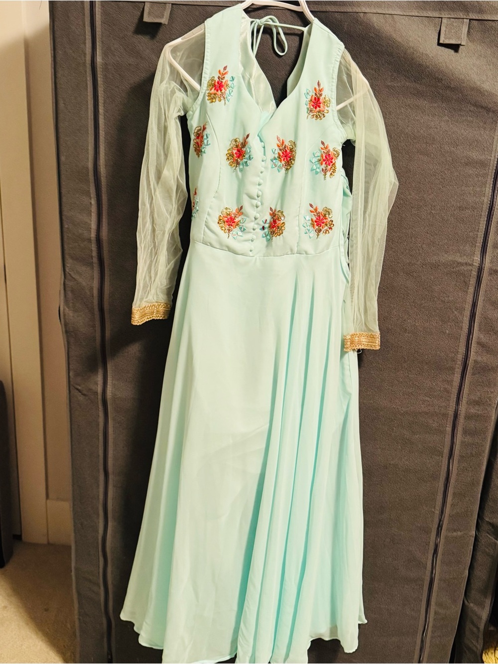 Girls Embroidered Mint Green Party Dress with Sheer Sleeves